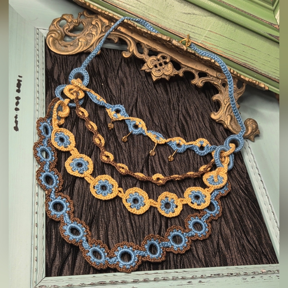 Handcrafted Blue and Gold Crochet Necklace